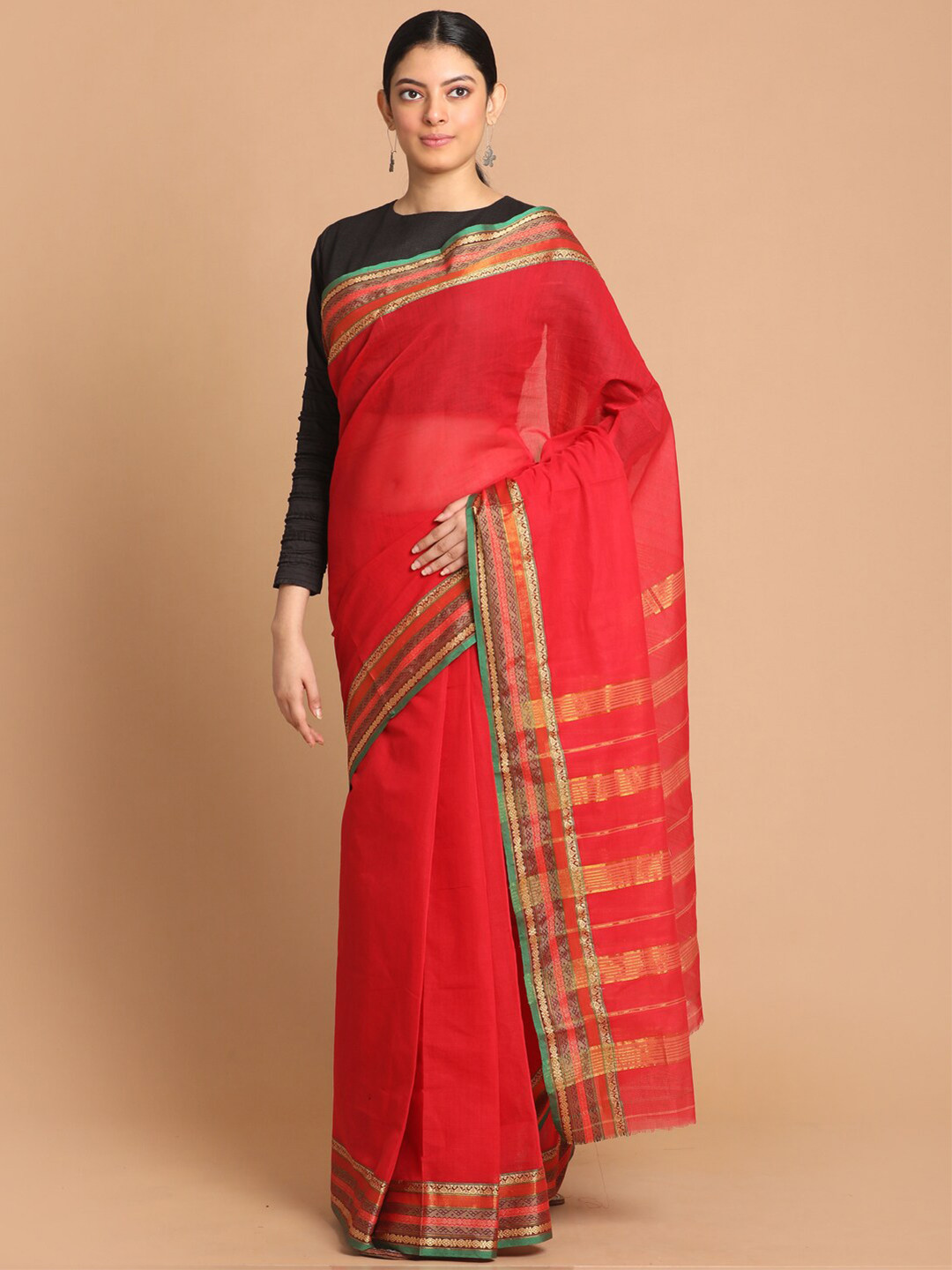 Saranee Red & Green Zari Pure Cotton Saree