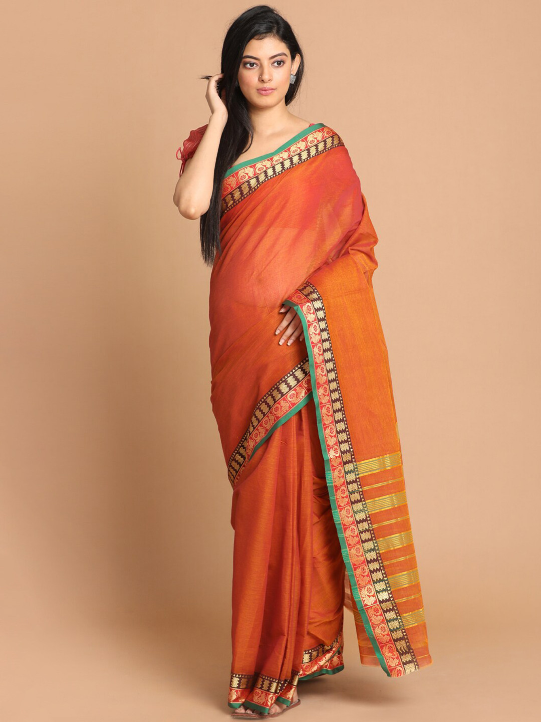 Saranee Mustard Yellow & Green Zari Pure Cotton Saree
