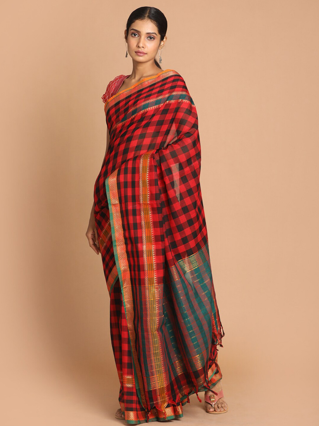 Saranee Red & Black Checked Zari Pure Cotton Saree
