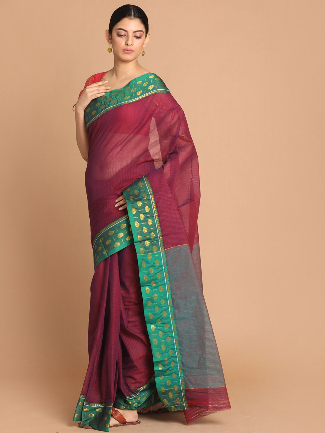 Saranee Burgundy & Green Zari Pure Cotton Saree
