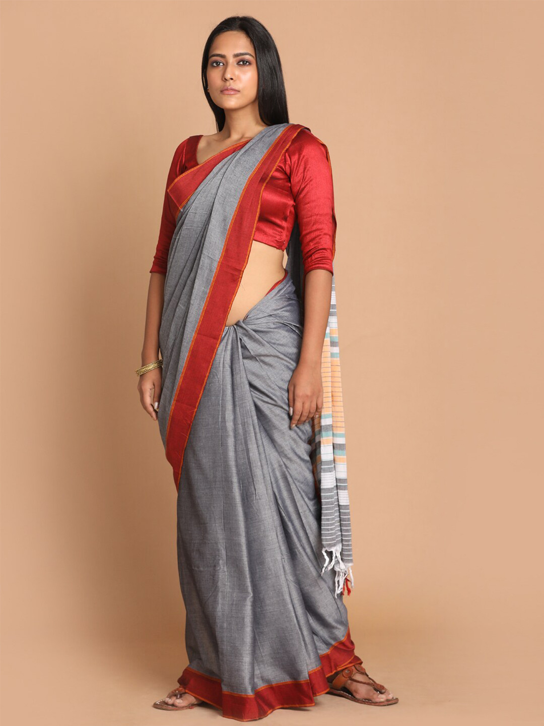 Saranee Grey & Red Pure Cotton Saree