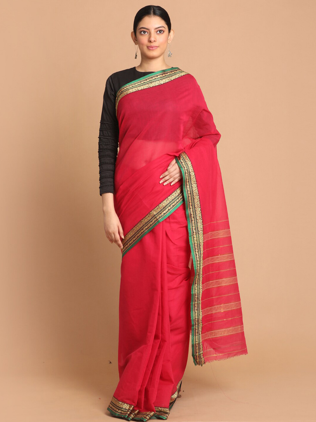 Saranee Red & Green Zari Pure Cotton Saree