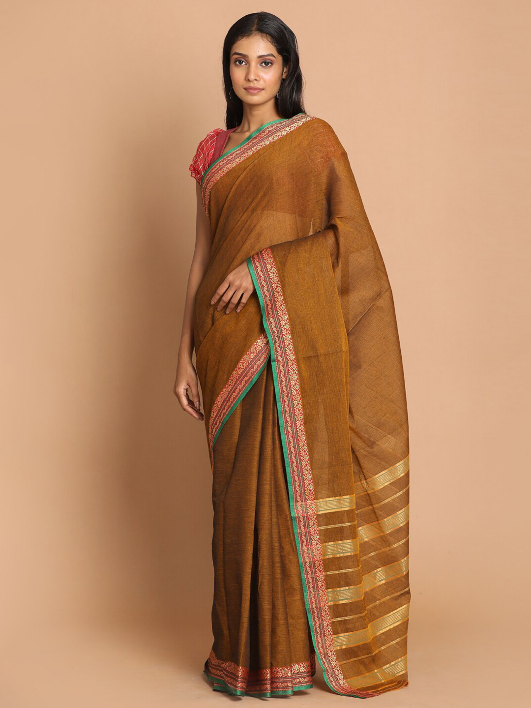 Saranee Mustard & Green Pure Cotton Saree