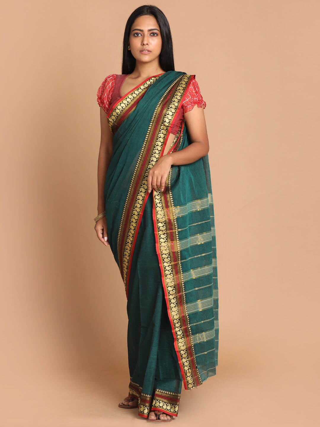 Saranee Teal & Red Zari Pure Cotton Saree