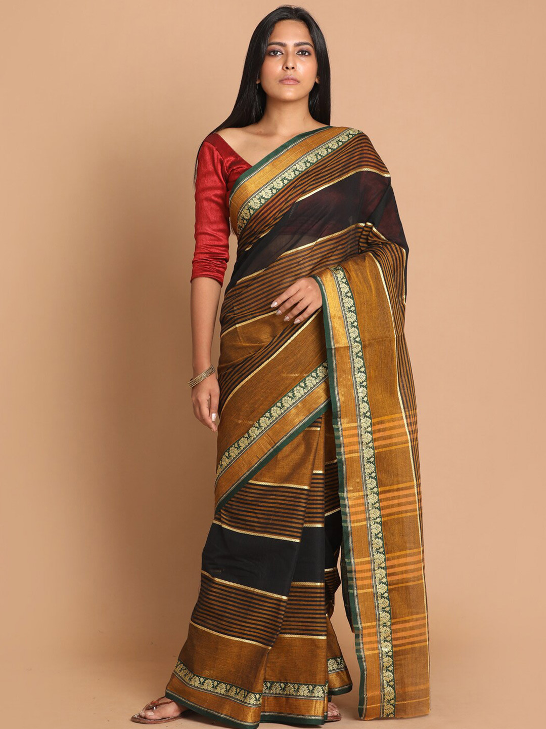 Saranee Mustard & Green Striped Zari Pure Cotton Saree