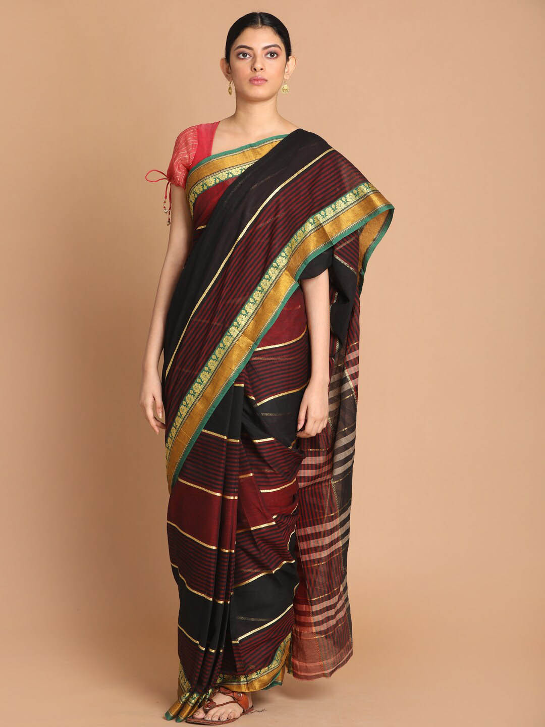 Saranee Maroon & Black Striped Zari Pure Cotton Saree