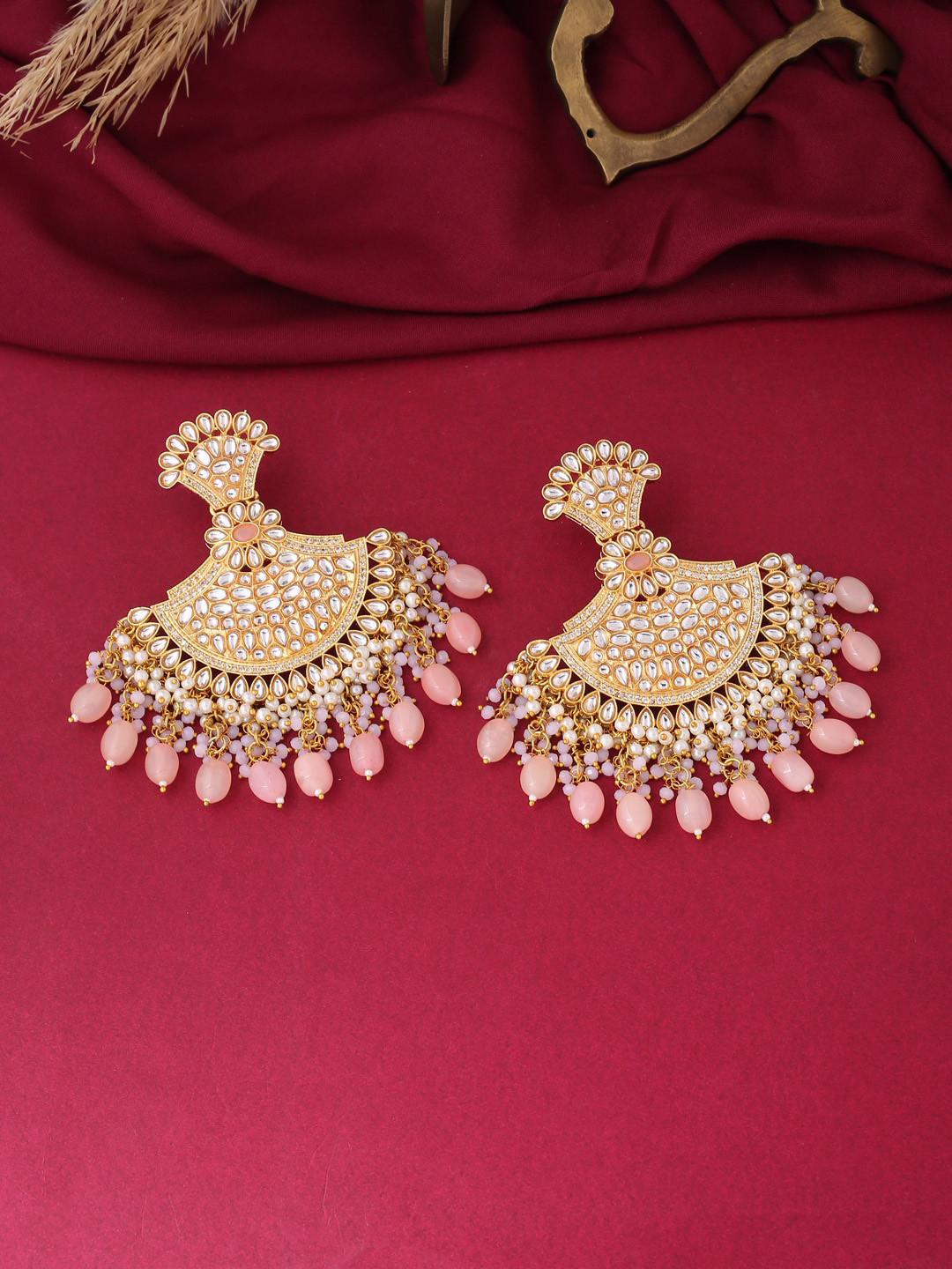 VIRAASI Gold-Plated & White Crescent Shaped Chandbalis Earrings