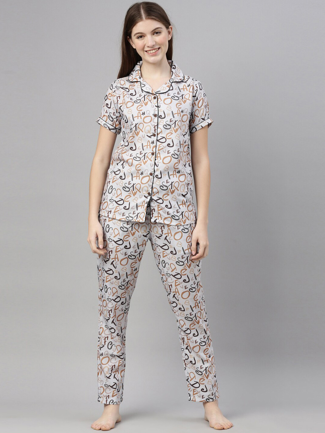 Bushirt Women Taupe & Grey Printed Night suit