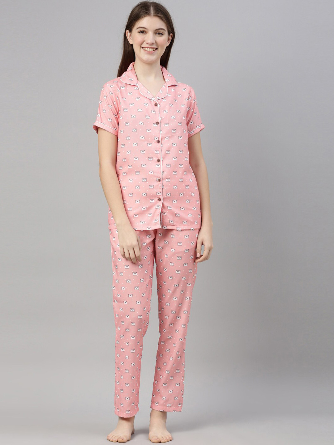 Bushirt Women Peach-Colour Printed Nightsuit