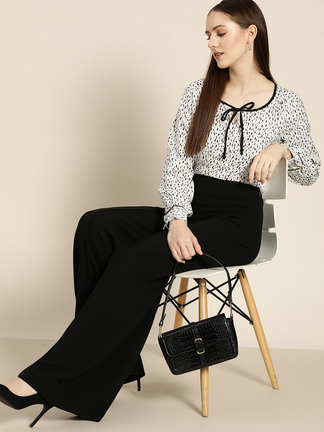 her by invictus Women Off White & Black Printed Tie-Up Neck Top
