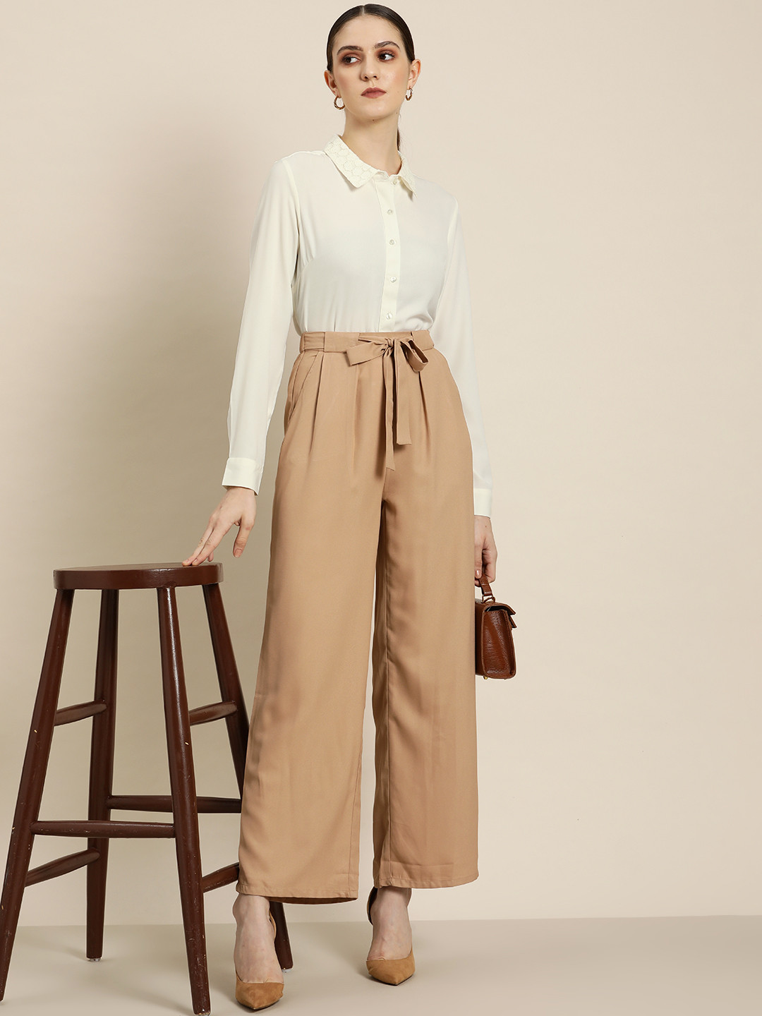 her by invictus Women Cream-Coloured Solid Easy-Iron Casual Shirt