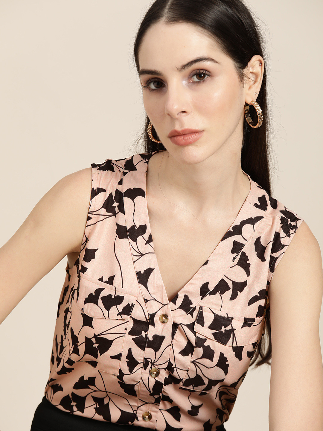 her by invictus Peach-Coloured & Black Print Shirt Style Top