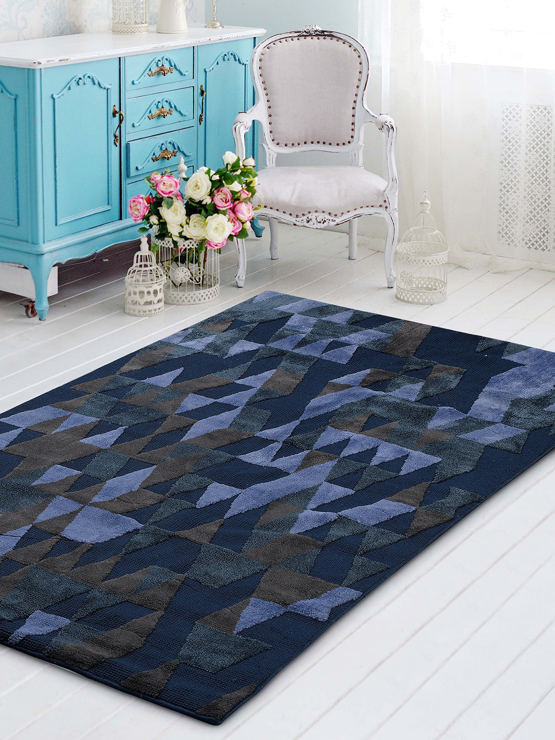 Saral Home Blue Self-Design Cotton Carpet
