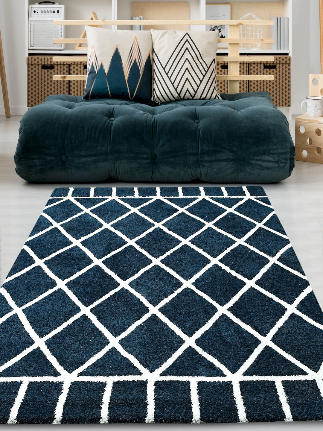 Saral Home Teal & White Printed No Shredding Cotton Carpet