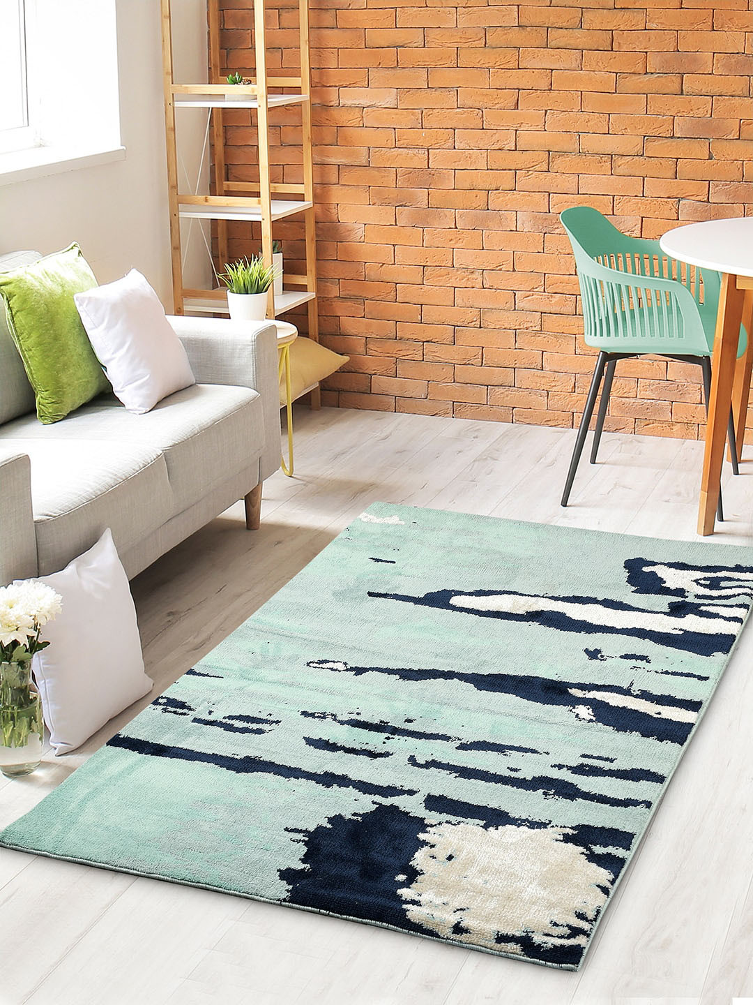 Saral Home Teal & Black Printed Cotton Rectangular Carpet