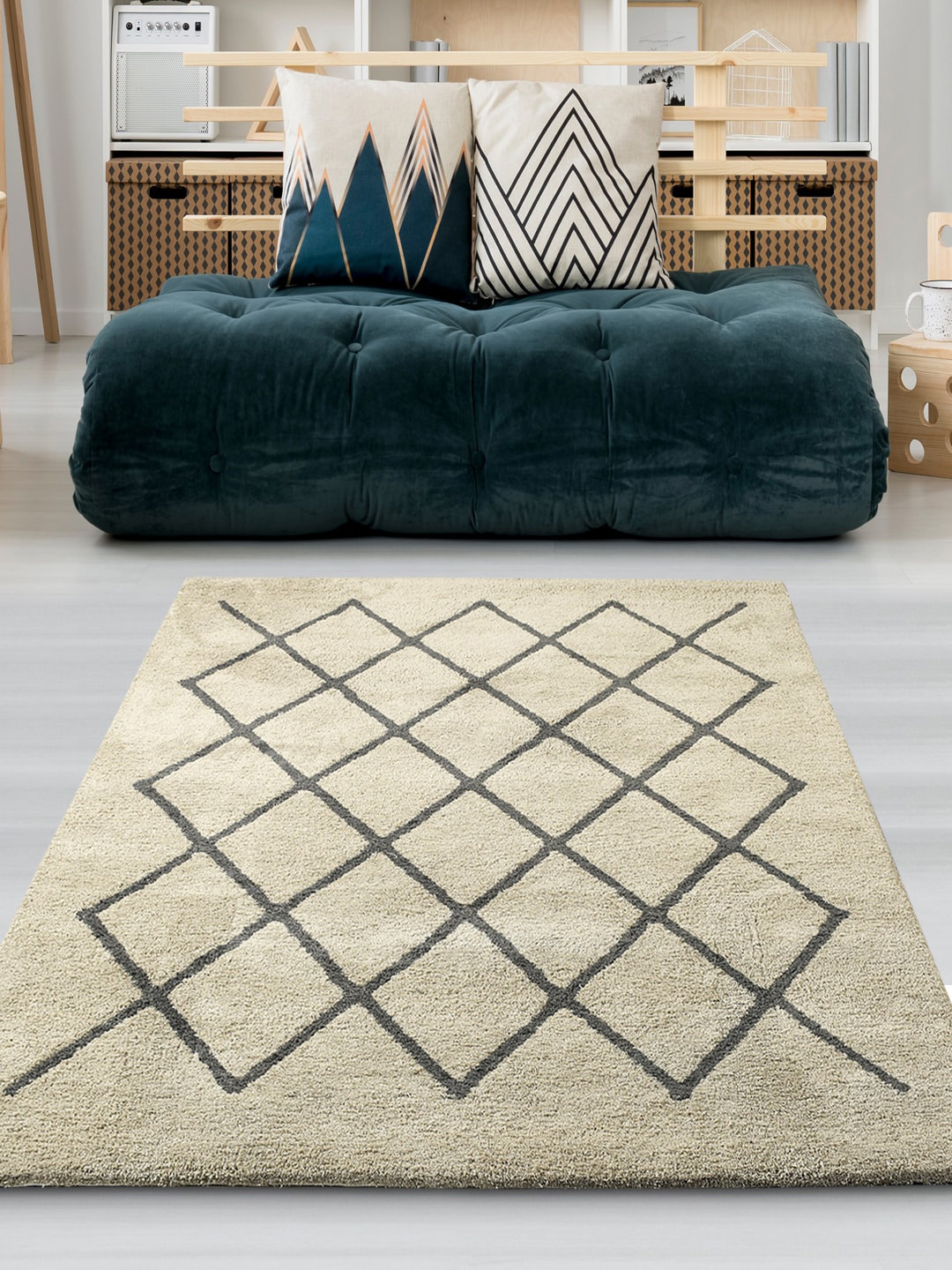 Saral Home Beige & Black Printed No Shredding Cotton Carpet