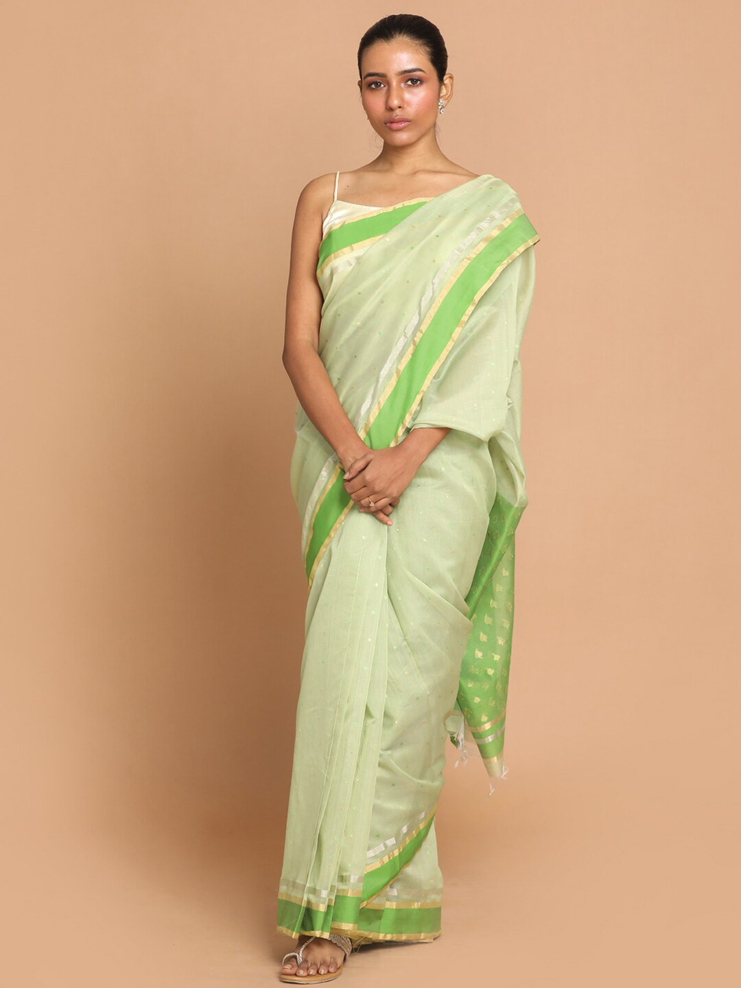 Indethnic Lime Green & Cream-Coloured Zari Silk Cotton Chanderi Saree