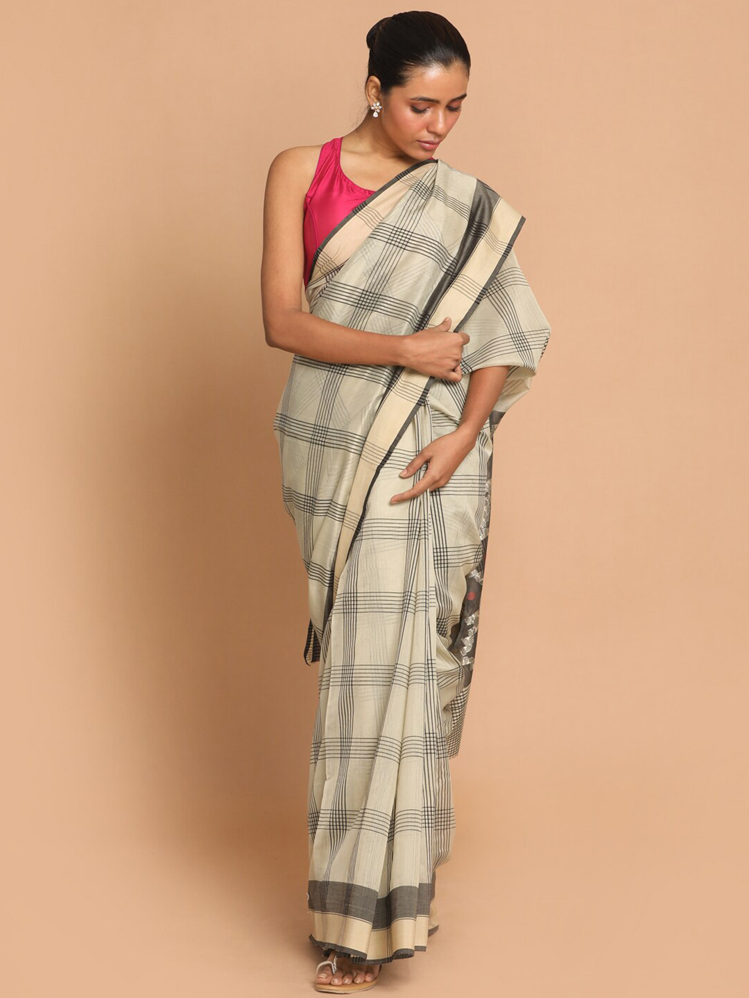 Indethnic Taupe & Grey Checked Zari Silk Cotton Chanderi Saree