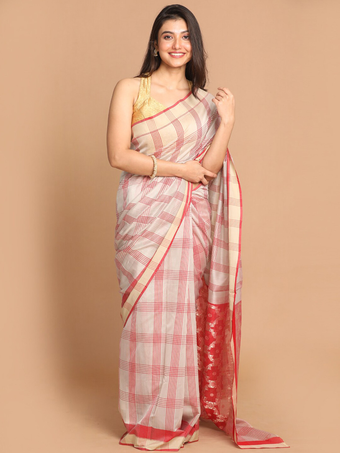 Indethnic Grey & Red Checked Zari Silk Cotton Chanderi Saree