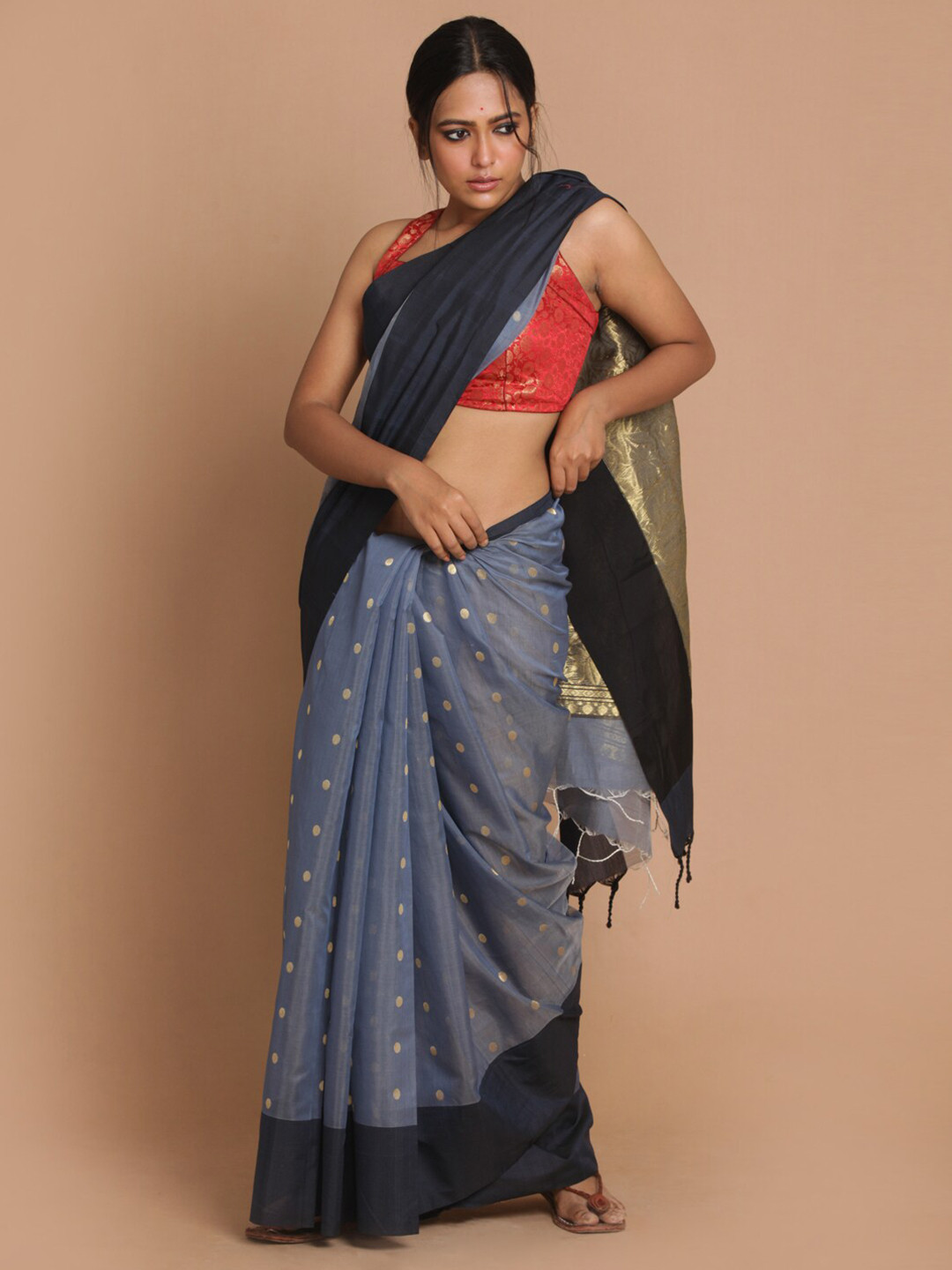 Indethnic Blue & Black Zari Silk Cotton Chanderi Saree