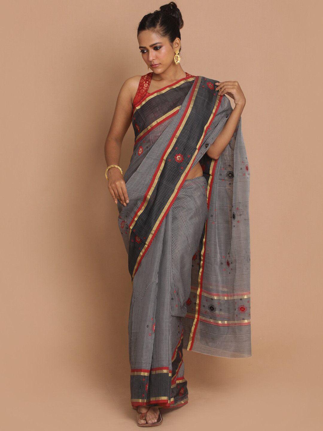 Indethnic Black & Red Woven Design Silk Cotton Saree