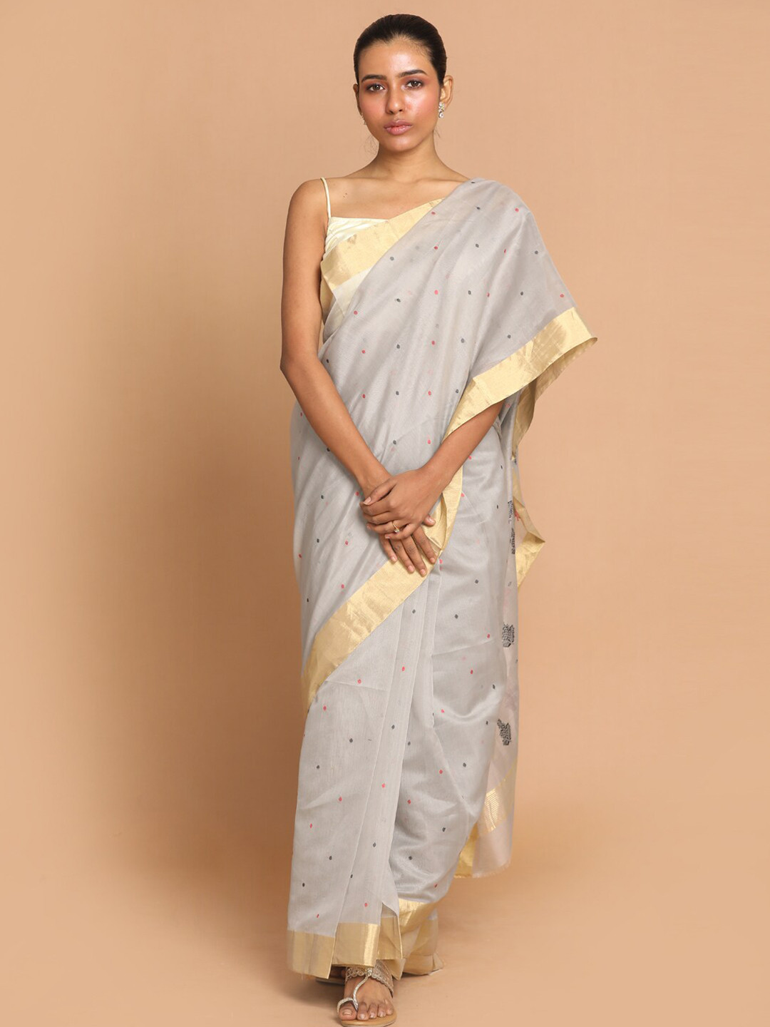 Indethnic Grey & Red Zari Silk Cotton Chanderi Saree