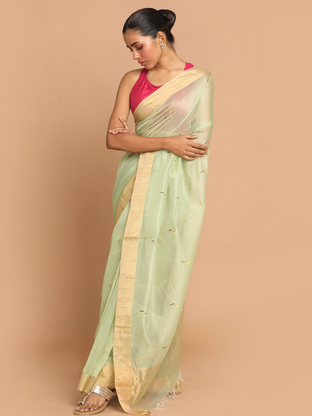 Indethnic Sea Green & Gold-Toned Zari Silk Cotton Chanderi Saree