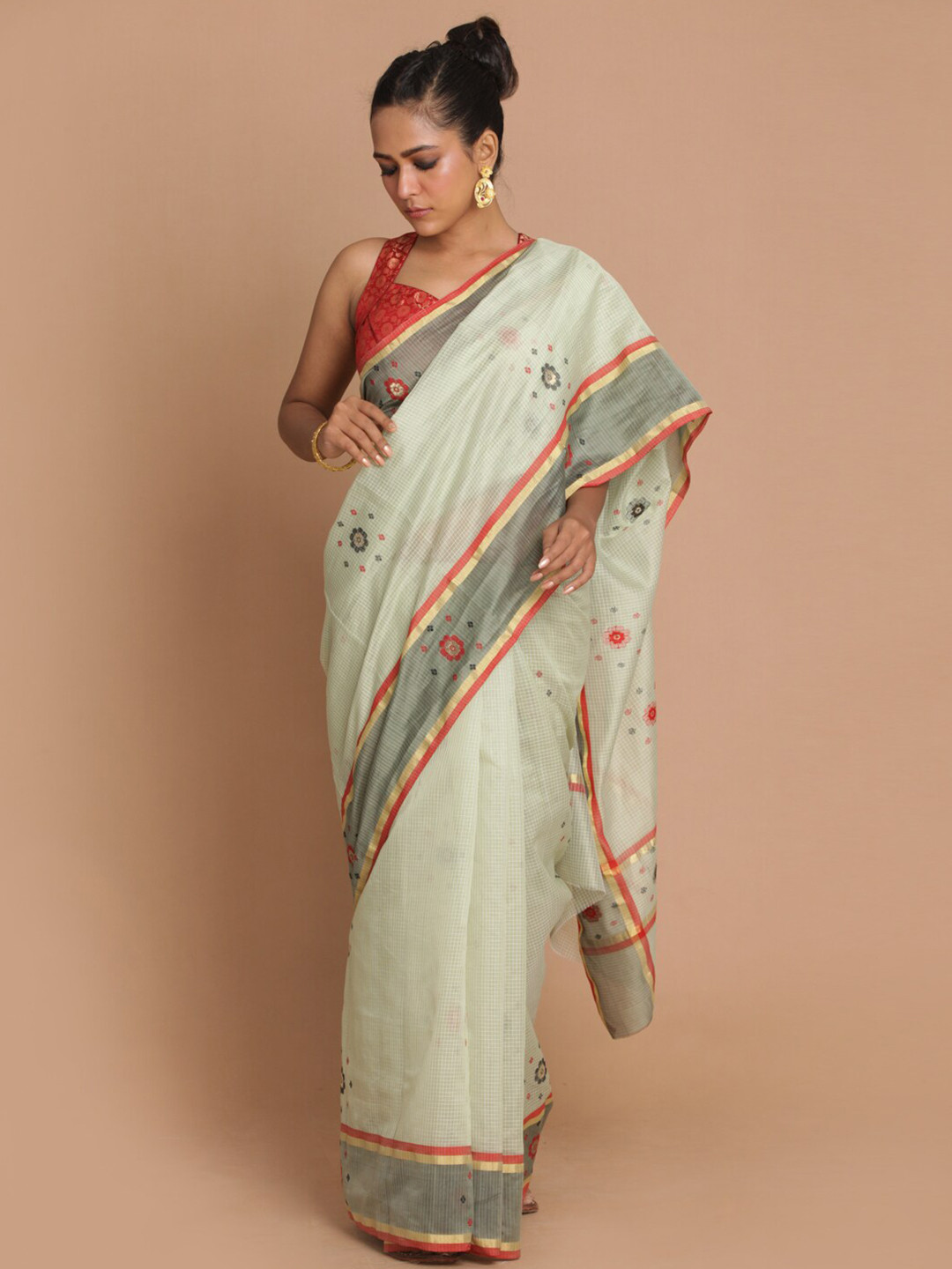 Indethnic Sea Green & Red Floral Zari Silk Cotton Chanderi Saree