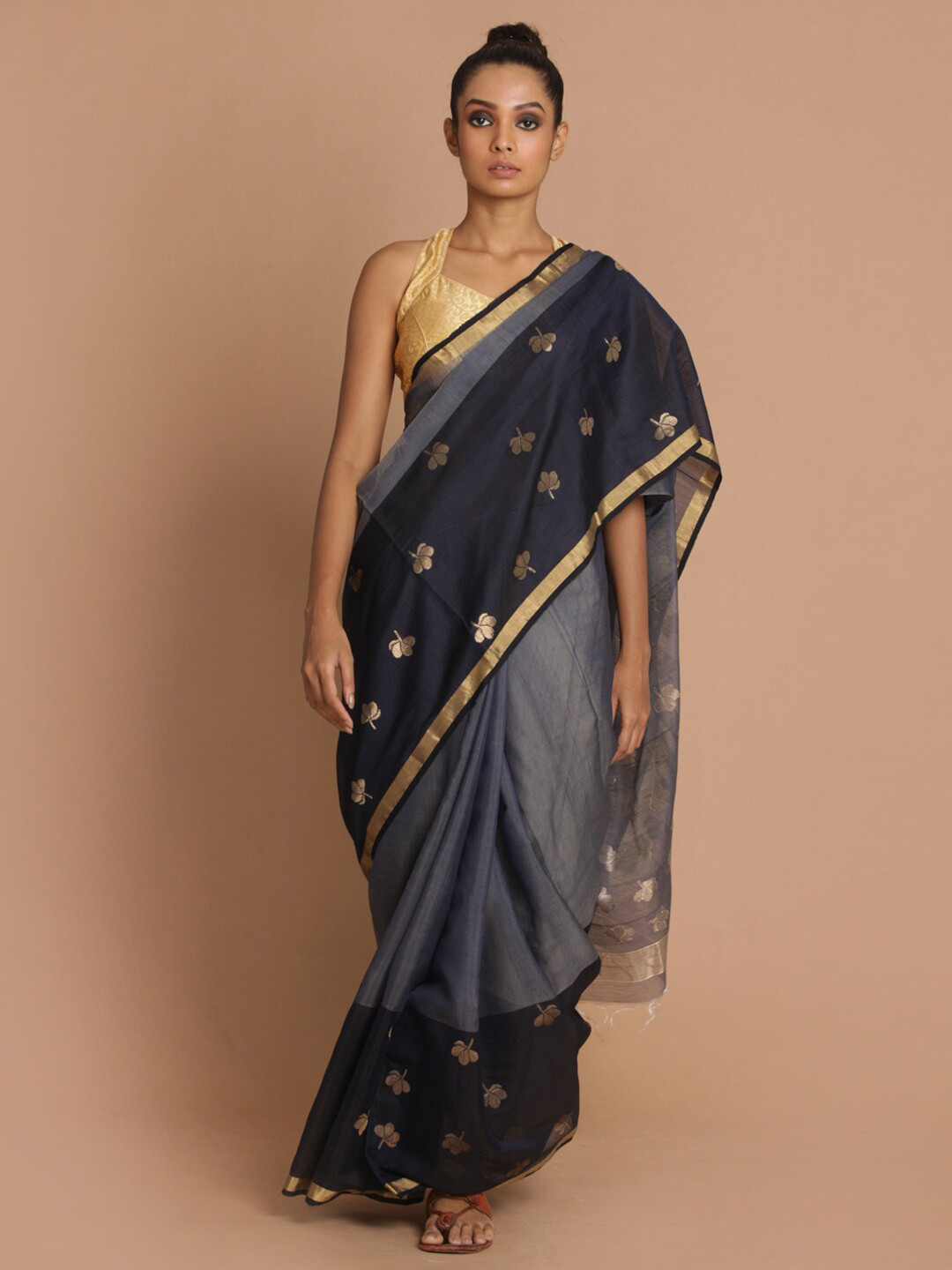 Indethnic Navy Blue & Gold-Toned Woven Design Silk Cotton Saree