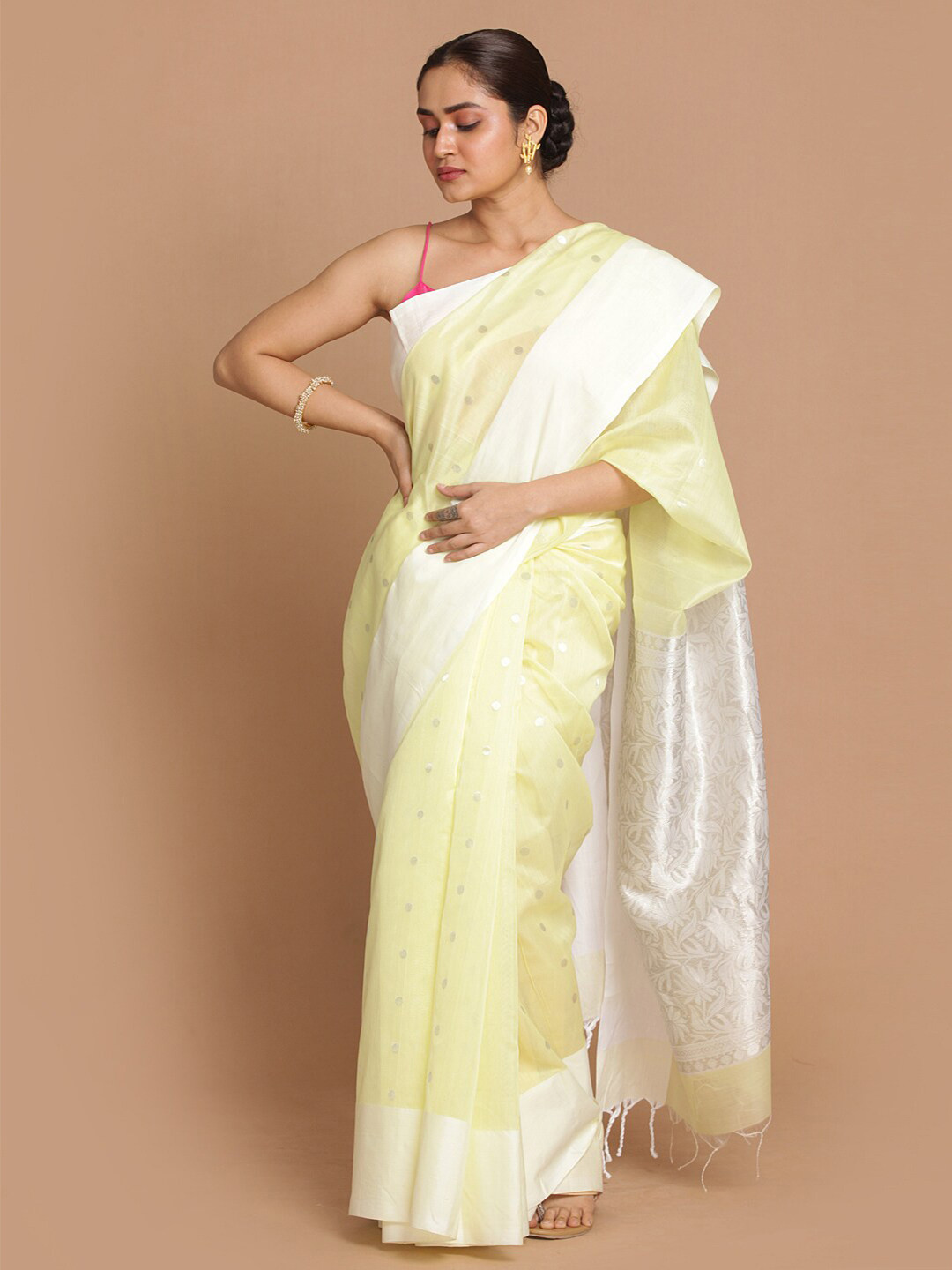 Indethnic Yellow & Silver-Toned Zari Silk Cotton Chanderi Saree