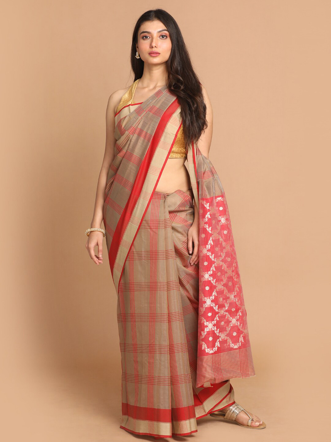 Indethnic Brown & Red Checked Zari Silk Cotton Chanderi Saree