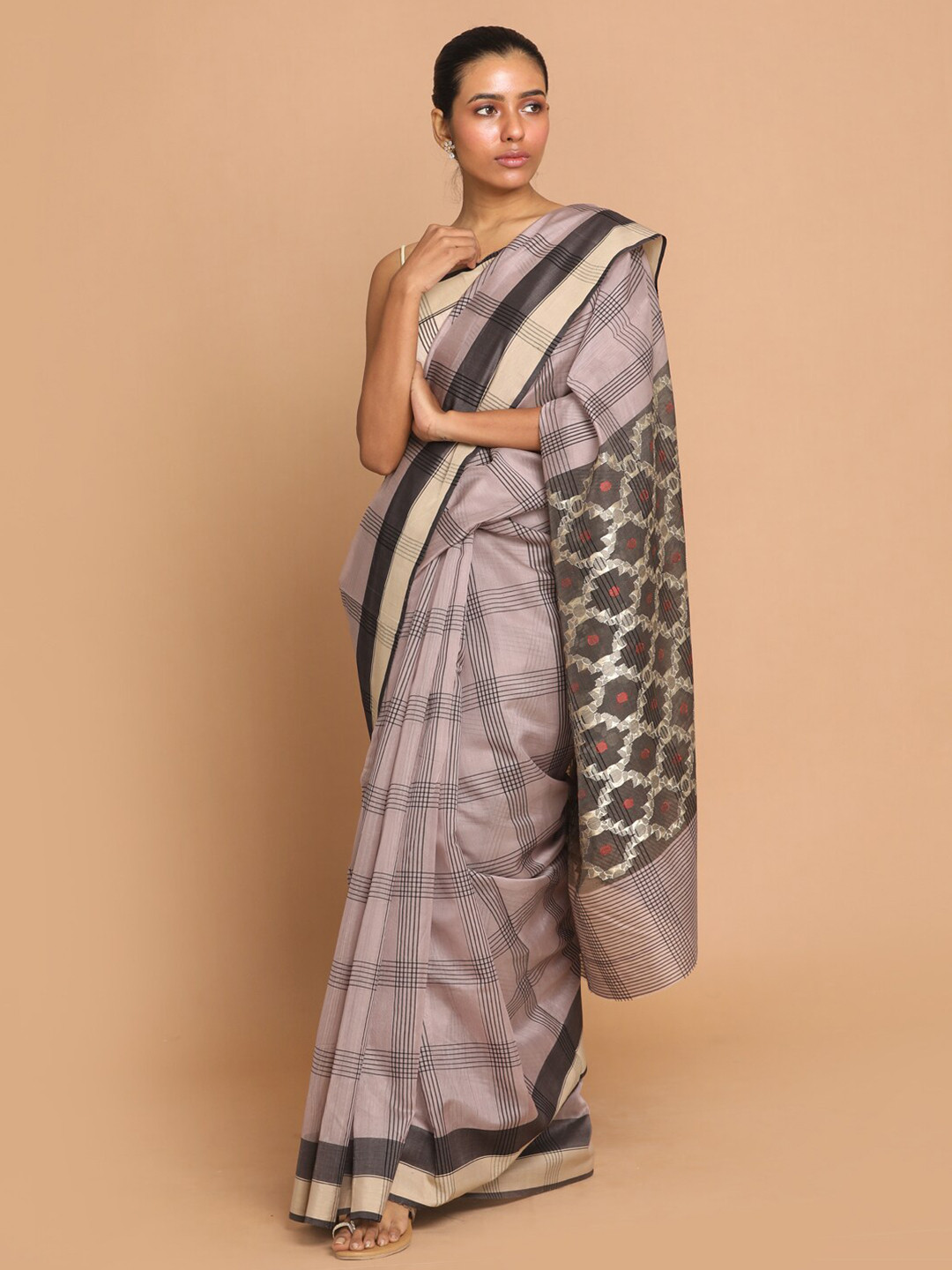 Indethnic Purple & Black Checked Zari Silk Cotton Chanderi Saree