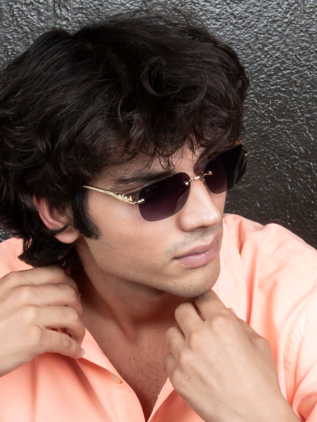 Ted Smith Unisex Gold-Black Rimless Square Sunglasses With UV Protected Lens