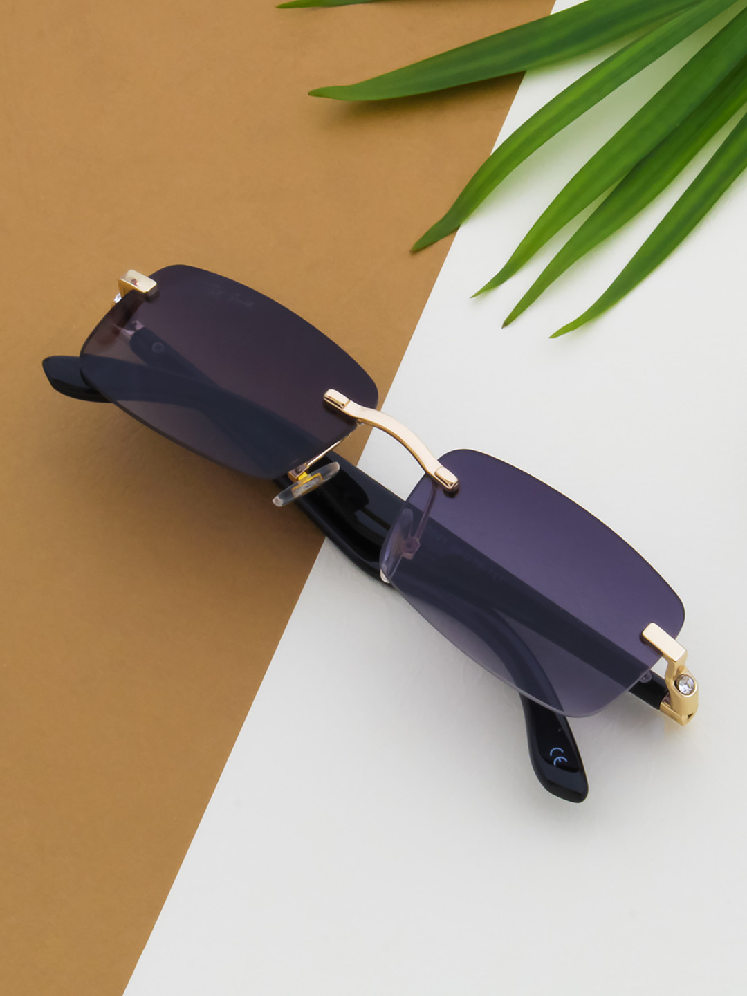 Ted Smith Unisex Gold-Black Rimless Rectangle Sunglasses With UV Protected Lens