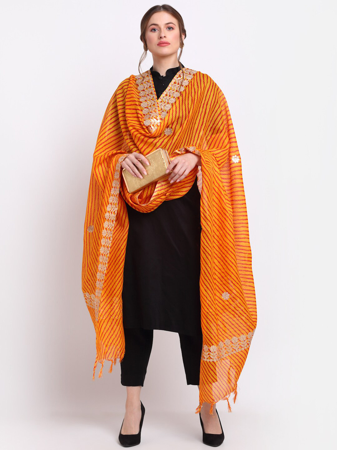 SOUNDARYA Orange & Red Striped Pure Cotton Leheriya Dupatta with Gotta Patti