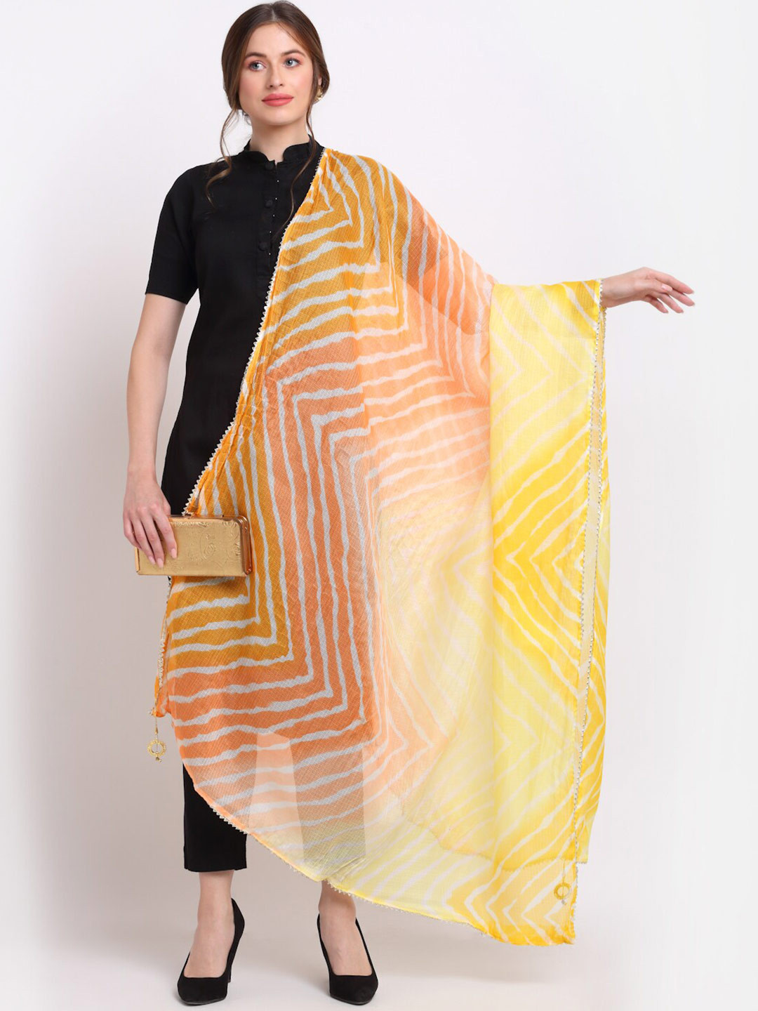 SOUNDARYA Yellow & Orange Striped Pure Cotton Leheriya Dupatta