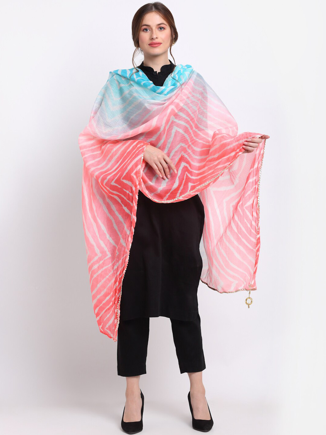 SOUNDARYA Peach-Coloured & Blue Striped Pure Cotton Leheriya Dupatta