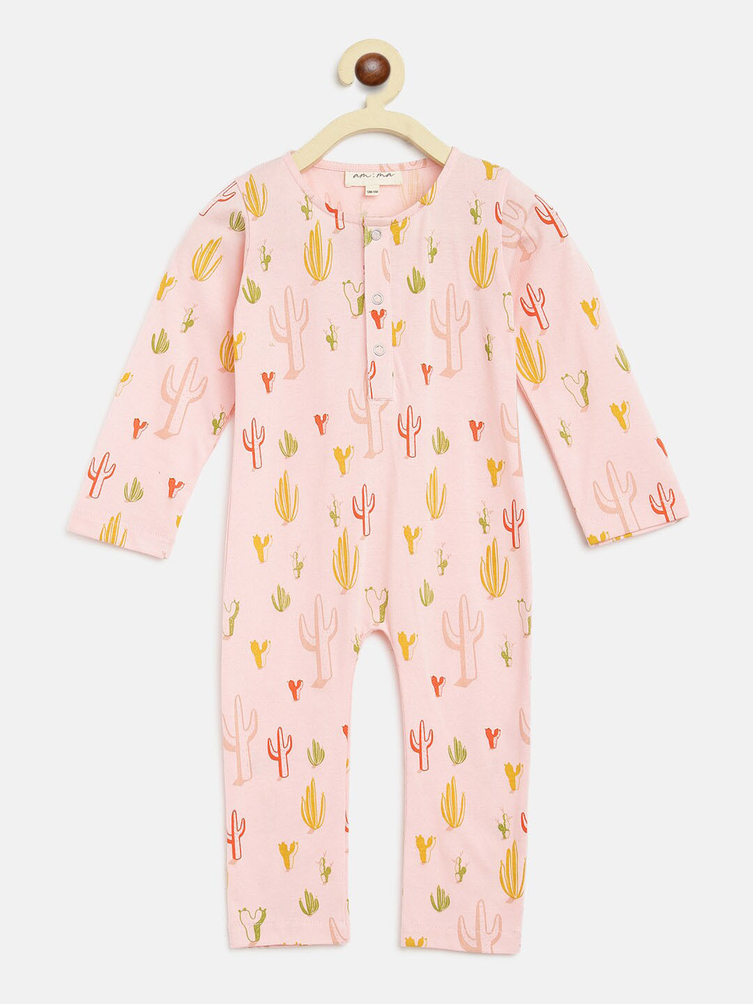 am ma Unisex Kids Pink & Yellow Printed Cotton Basic Jumpsuit