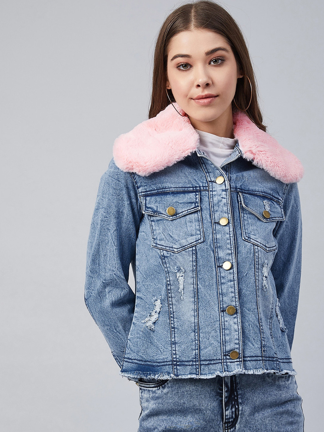 StyleStone Women Blue Pink Solid Denim Jacket