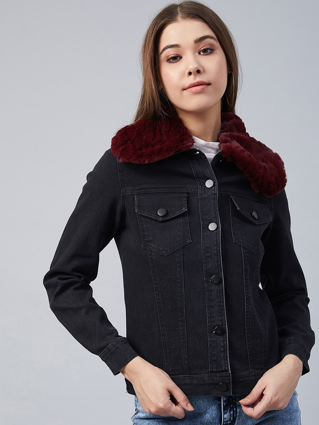 StyleStone Women Black Washed Crop Outdoor Denim Jacket