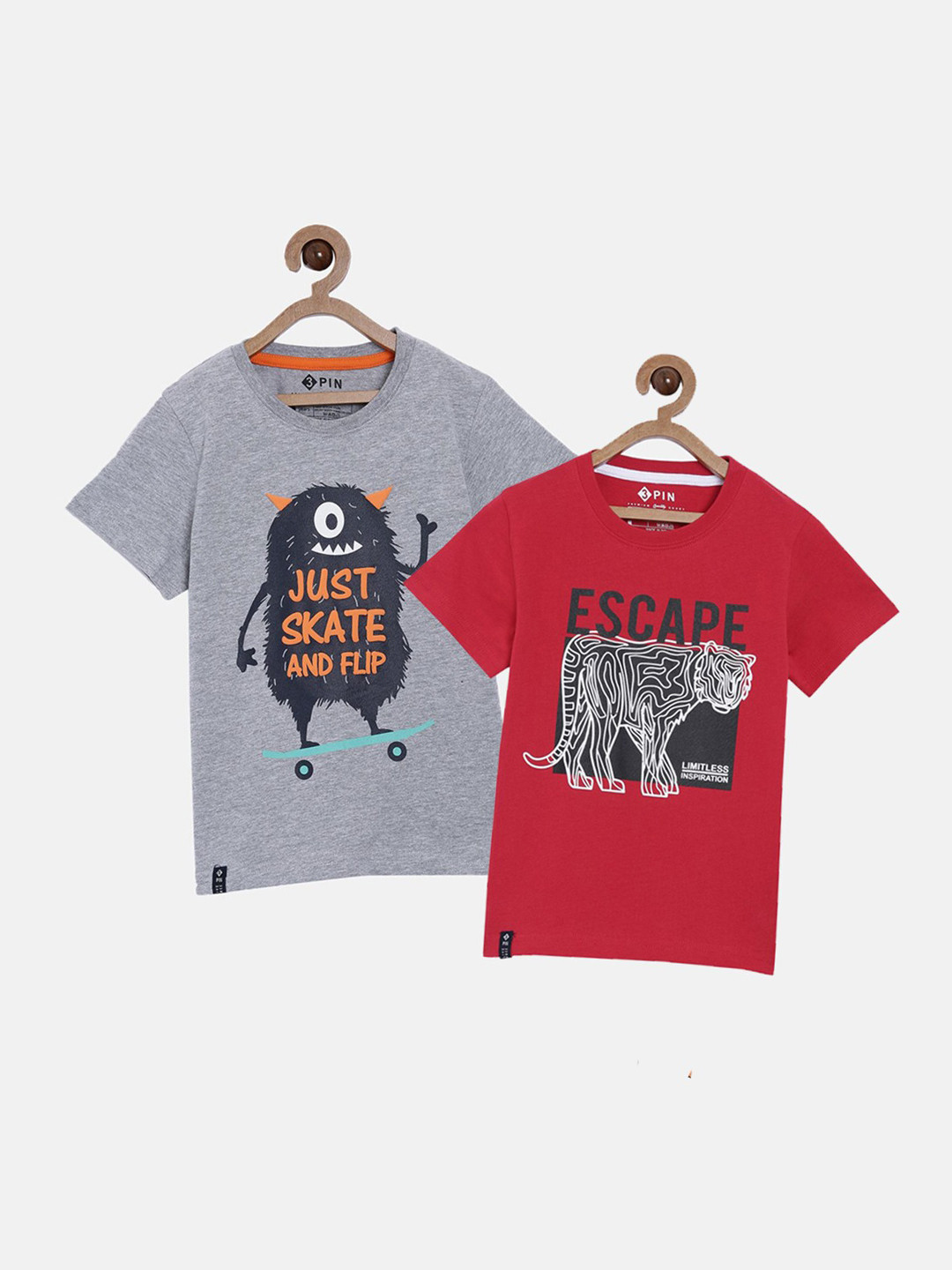 3PIN Boys Pack Of 2 Grey & Red Cotton Printed T-shirt