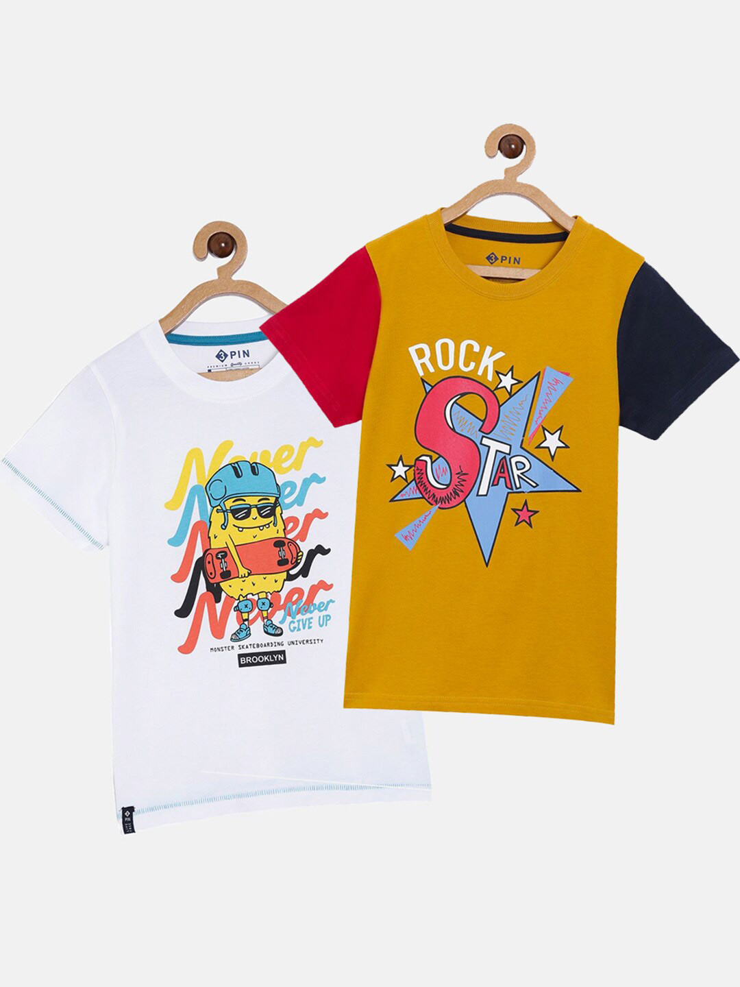 3PIN Boys White & Mustard Yellow Set Of 2 Printed T-shirts