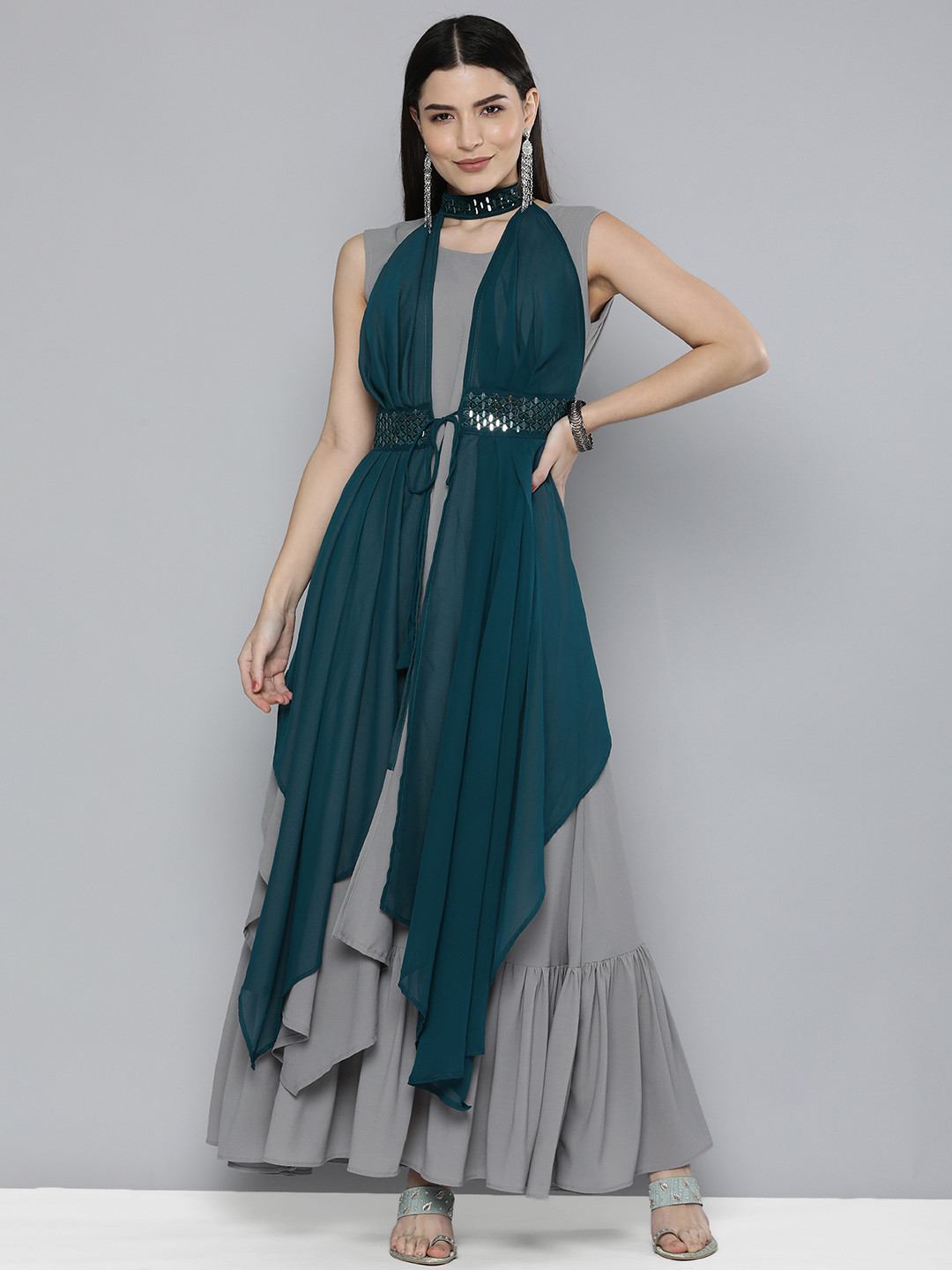 Kvsfab Grey & Green Embellished Halter Neck Tie-Ups Georgette Party Fit & Flare Maxi Dress