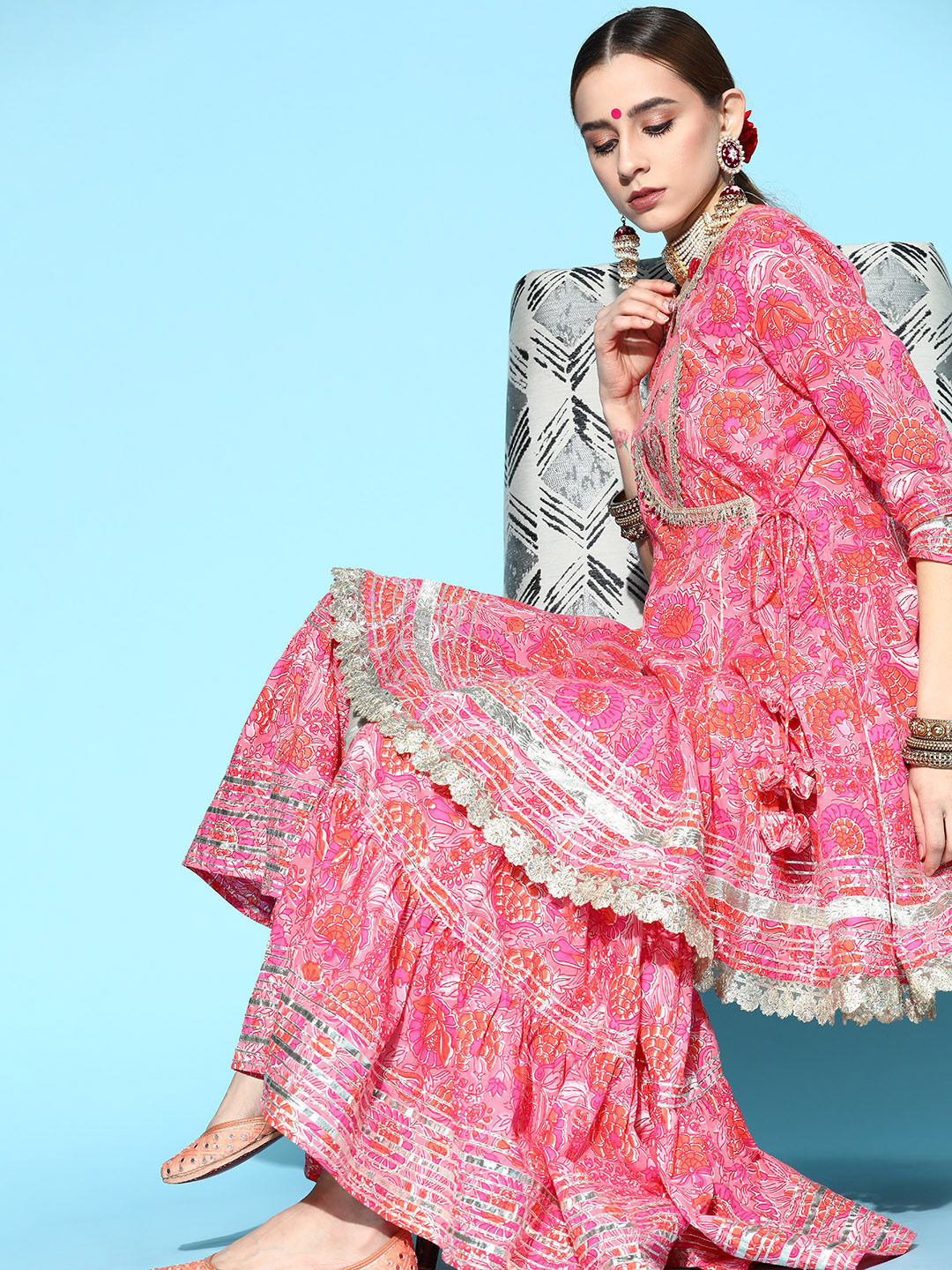 Ishin Floral Printed Pure Cotton Short Kurti with Sharara