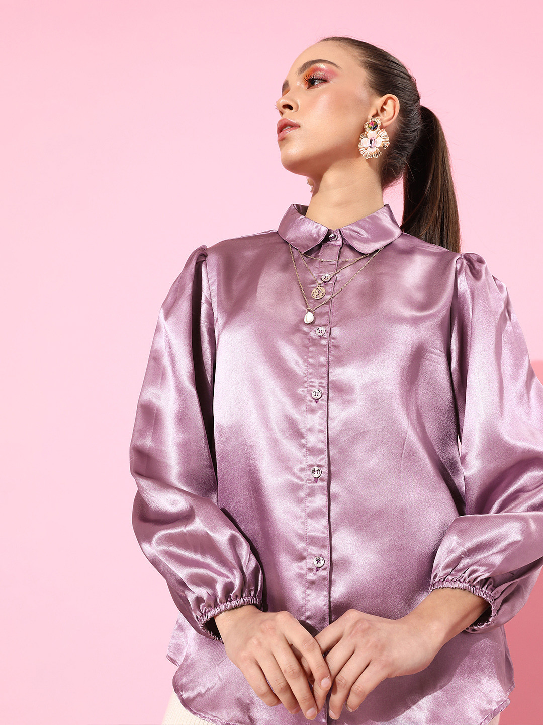 SCORPIUS Women Charming Purple Solid Satin Shirt