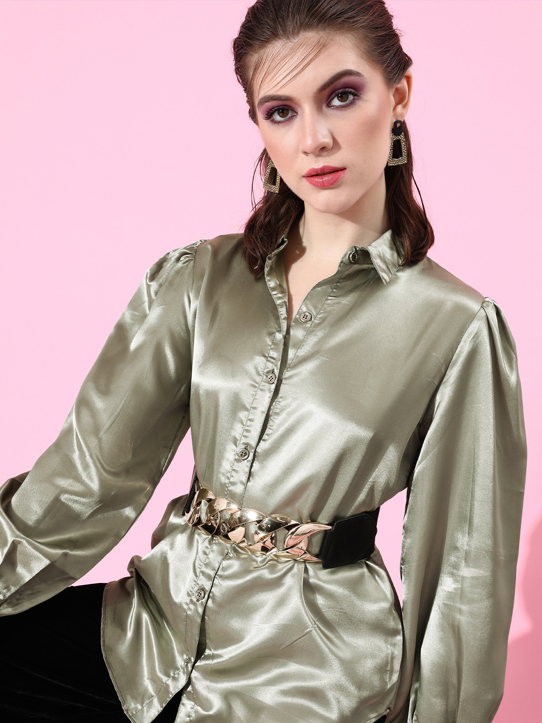 SCORPIUS Women Stunning Gold Solid Satin Shirt