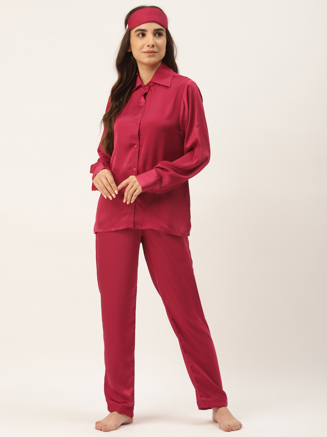 Rapra The Label Women Red Solid Satin Pyjama Set