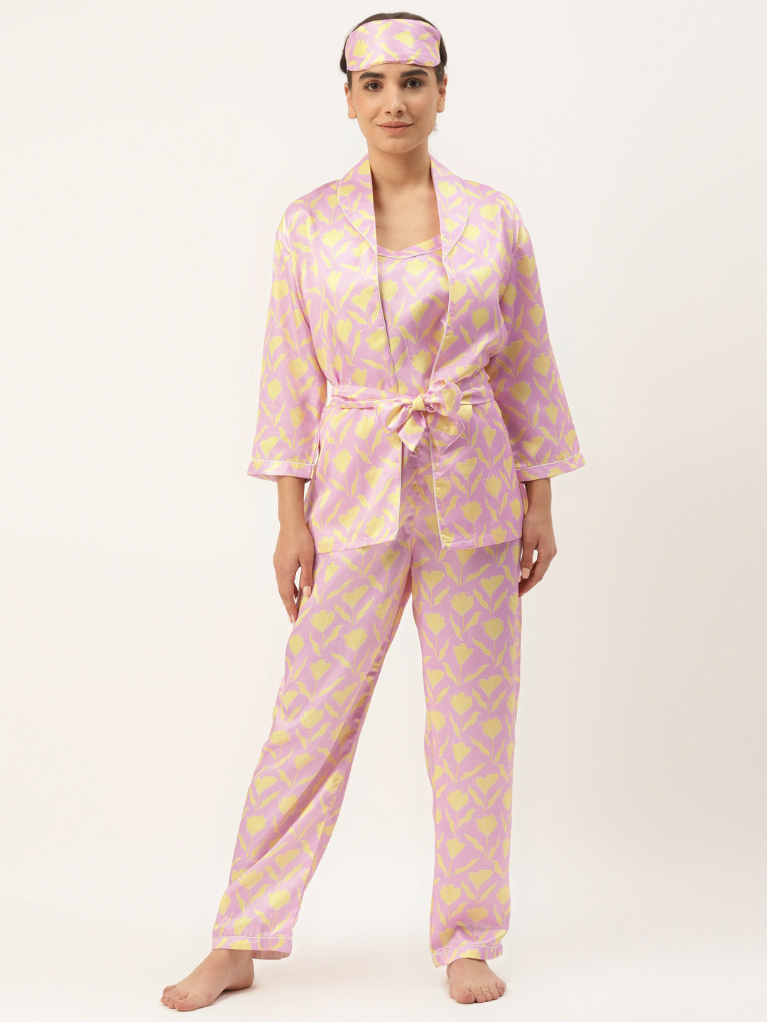 Rapra The Label Women 7 Pcs Pink & Yellow Floral Print Satin Pyjama Set