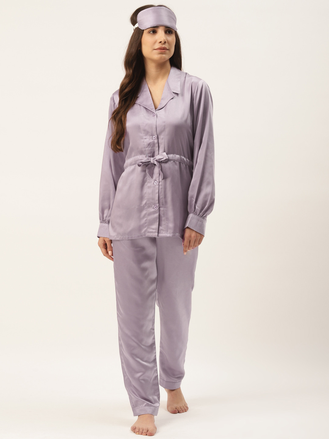 Rapra The Label Women Lavender Solid Satin Tie-Up Pyjama Set