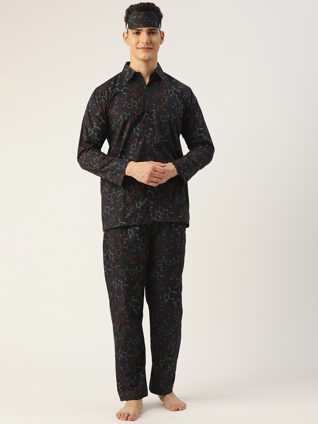 Rapra The Label Men Black Pure Cotton Printed Night suit With an Eye mask